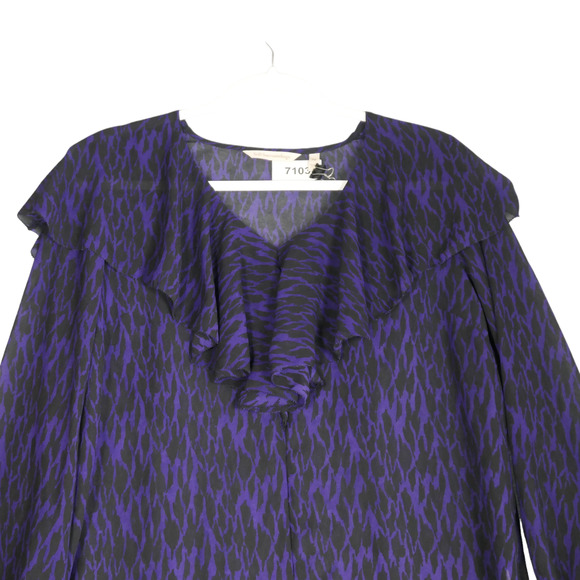 Soft Surroundings Blouse Womens Petite Medium PM Purple Wild Animal Ruffle Sheer - Picture 2 of 6